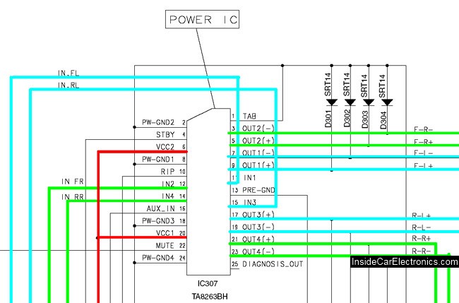 Схема автомагнитолы  Alpine CDE-9841 - контакты усилителя звука