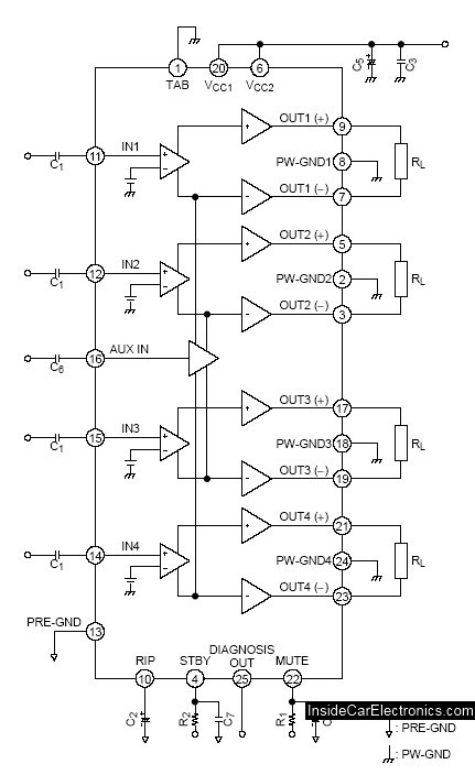 Стандартная схема усилителя на микросхеме TA8263BH из документации