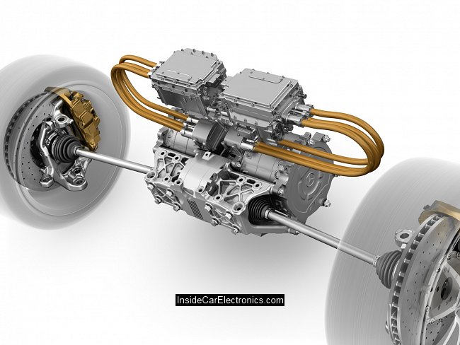 Силовые электромоторы привода SLS AMG E-Cell соединенные через распределительную коробку напрямую с колесом с электронными блоками управления