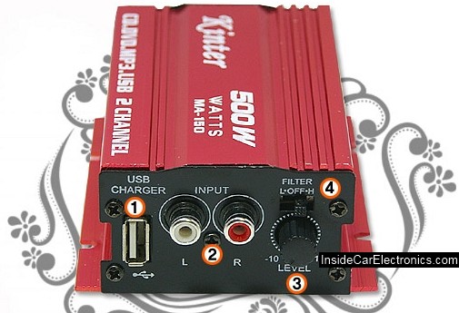 Разъемы (входы) авто усилителя Kinter MA-150. Регулятор громкости, Line in, фильтры и USB для подзарядки устройств 